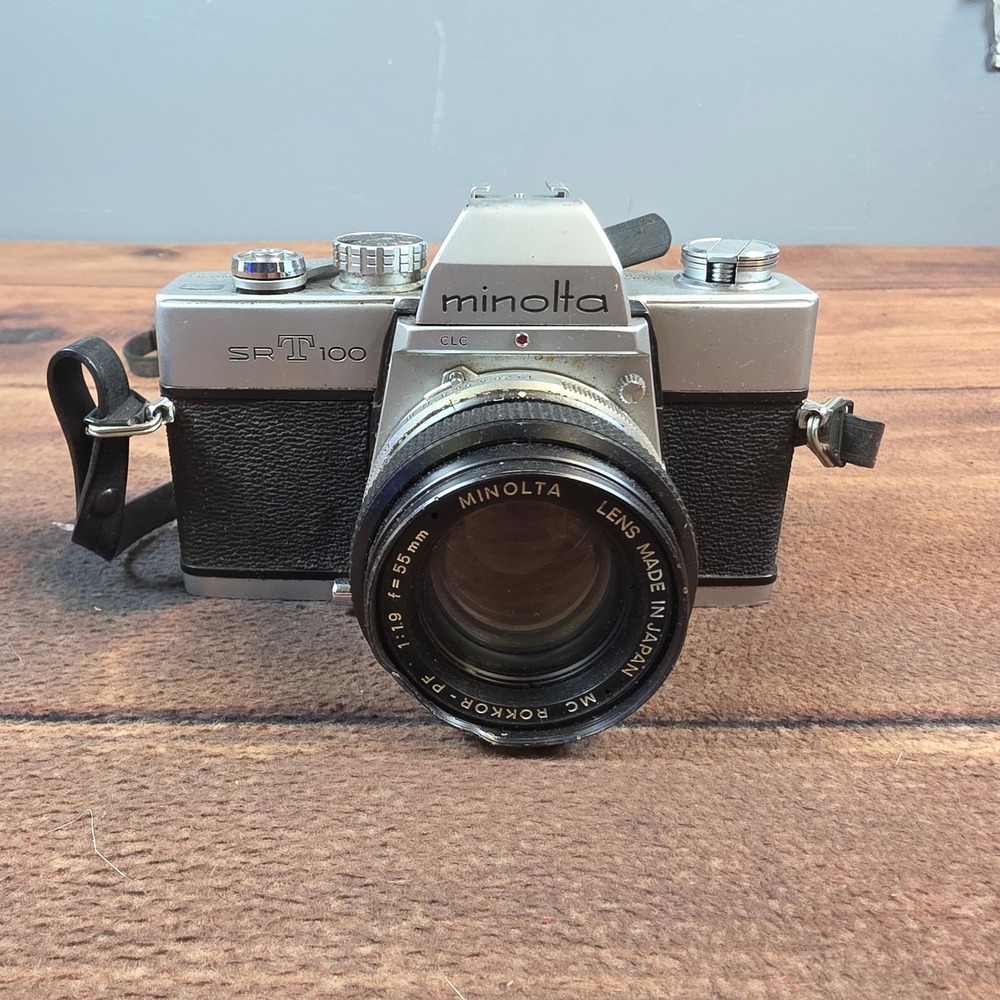 Minolta SR-T 100 SLR Camera 35mm Silver Fair For Parts/Repair Rokkor 55mm Lens